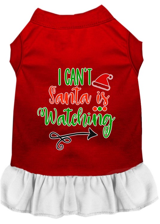 I Can't, Santa is Watching Screen Print Dog Dress Red with White Lg